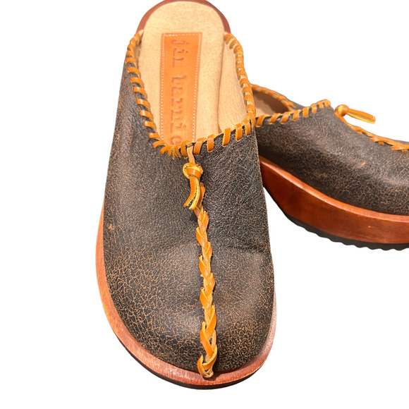 Jim Barnier Wooden Heel Clog Black Oil Women's Size 10 Platform Sandals Leather - Picture 2 of 8